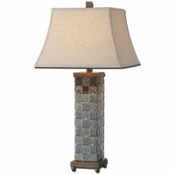 Flash Sale ✔️ Maklaine Textured Ceramic Table Lamp In Distressed Dark Blue 😉