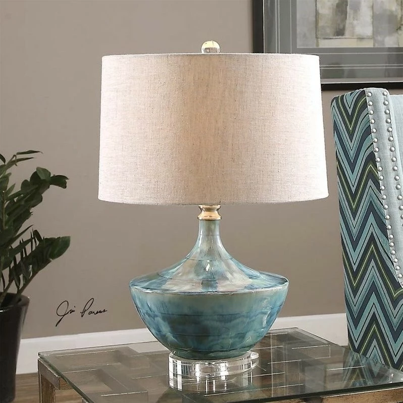 Coupon ๐ฅ Allora 1-Light Ceramic And Crystal Lamp In Blue With Light Beige Fabric Shade โ - Image 2
