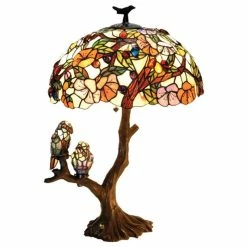 Best Sale 🛒 Chloe Lighting CHLOE 4 Light Tiffany Flowers & Birds Double Lit Table Lamp Oval Shape 19" Shade 🎉