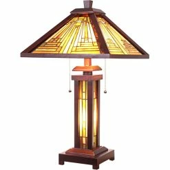 Budget 🥰 Chloe Lighting CHLOE Innes Tiffany 3 Light Mission Double Lit Wooden Table Lamp 15" Shade 🤩