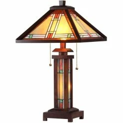 Cheap 🤩 Chloe Lighting CHLOE Aaron Tiffany 3 Light Mission Double Lit Wooden Table Lamp 15" Shade 🌟