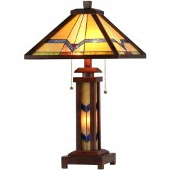 Brand new 🛒 Chloe Lighting CHLOE Alexander Tiffany 3 Light Mission Double Lit Wooden Table Lamp 15" Shade 😉