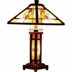 Outlet 😀 Chloe Lighting CHLOE Gareth Tiffany Mission 3 Light Double Lit Wooden Table Lamp 15" Shade 😍