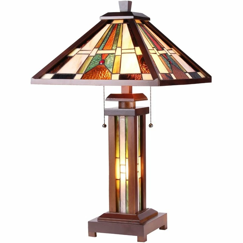 Discount โจ Chloe Lighting CHLOE Percival Tiffany Mission 3 Light Double Lit Wooden Table Lamp 15" Shade ๐