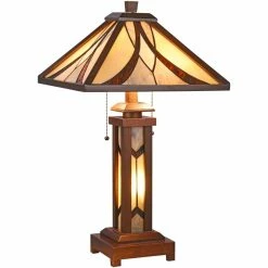 Buy 🎁 Chloe Lighting CHLOE Gordon Tiffany Mission 3 Light Double Lit Wooden Table Lamp 15" Shade 🌟