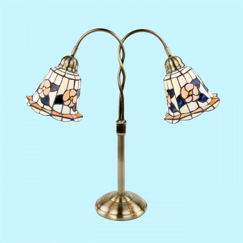 Cheap ❤️ Renovators Supply Manufacturing Twin Goose Neck Desk Table Lamp Brass Floral Stained Glass Double Light 24" H ⭐ - Image 3