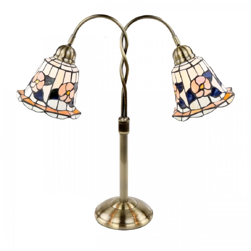 Cheap ❤️ Renovators Supply Manufacturing Twin Goose Neck Desk Table Lamp Brass Floral Stained Glass Double Light 24" H ⭐