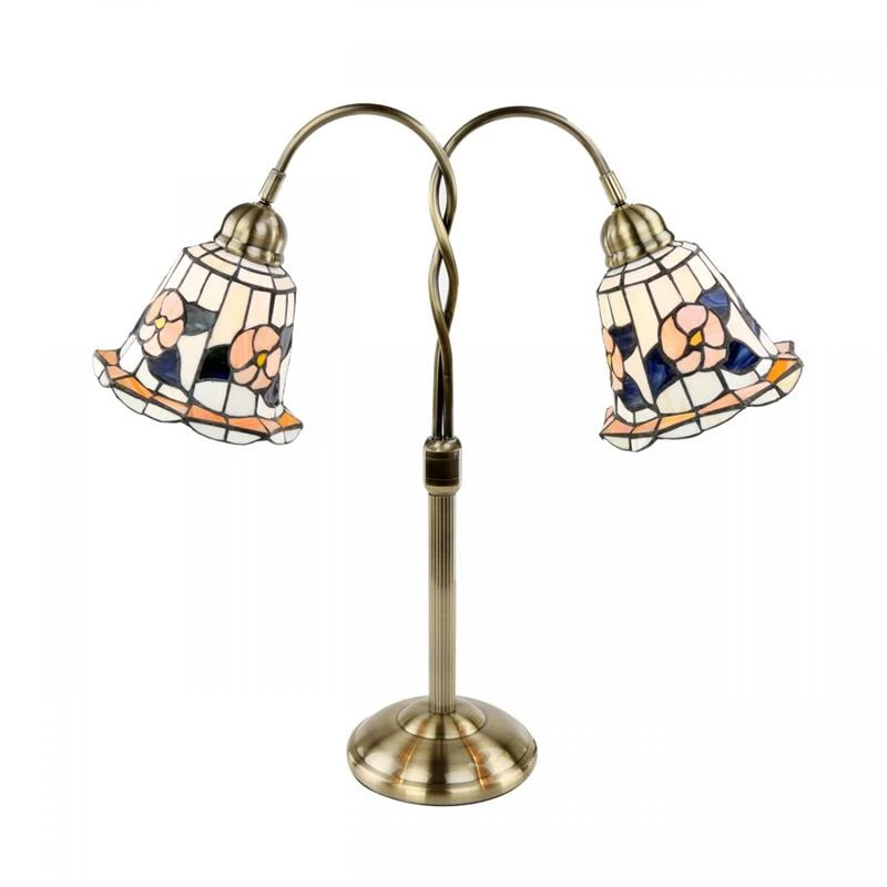 Cheap ❤️ Renovators Supply Manufacturing Twin Goose Neck Desk Table Lamp Brass Floral Stained Glass Double Light 24" H ⭐ - Image 2