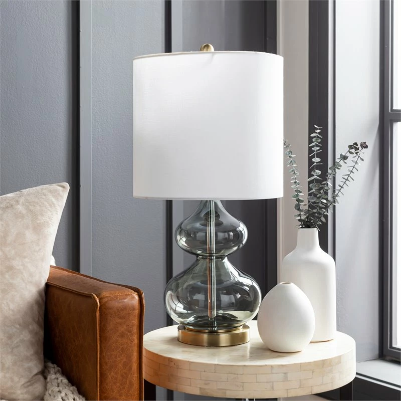 Best Pirce ๐ฅ Surya Volcano 1-Light Traditional Linen And Glass Table Lamp In Charcoal/White โญ - Image 2