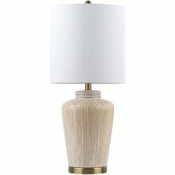 Budget 🧨 Surya Rayna 1-Light Traditional Linen And Ceramic Table Lamp In Gold/White 👍