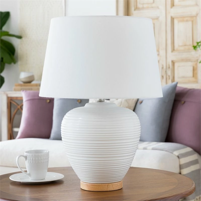 New ๐ Surya Bixby 1-Light Traditional Linen And Ceramic Table Lamp In White/Gold โ - Image 2