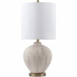 Best deal 🥰 Surya Rayas 1-Light Traditional Linen And Ceramic Table Lamp In Gold/White 🔥