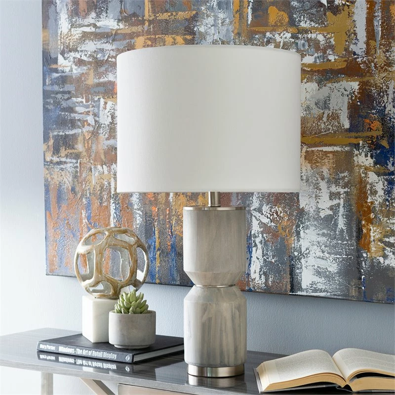 Best Sale 🤩 Surya Wells 1-Light Traditional Linen And Metal Table Lamp In White/Gray ⌛ - Image 2