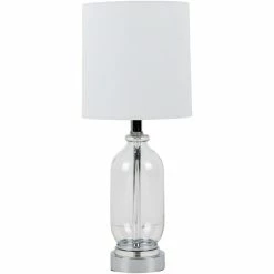 Flash Sale 👍 Surya Manitoba 1-Light Traditional Linen And Glass Table Lamp In Clear/White ⭐