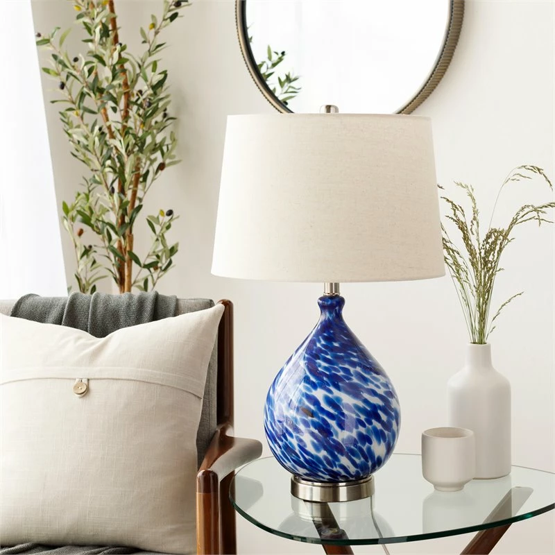Promo โ Surya Cascais 1-Light Traditional Linen And Glass Table Lamp In Nickel/Beige ๐ - Image 2