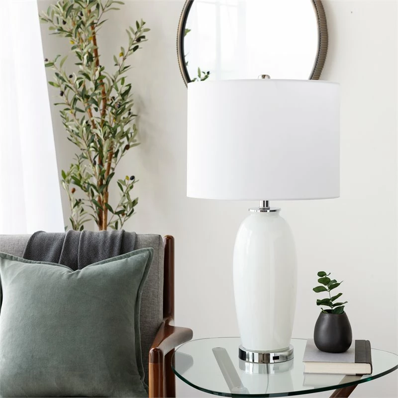 Cheap ✔️ Surya Timaru 1-Light Traditional Linen And Glass Table Lamp In Silver/White ❤️ - Image 2