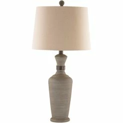 Promo 🎁 Surya Caleb 1-Light Traditional Linen And Metal Table Lamp In Gray/Natural 🔥